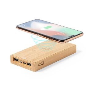 Bambusowy bezprzewodowy power bank 10000 mAh, ładowarka bezprzewodowa 5W, ładowarka słoneczna P039309X AX-V8335-16