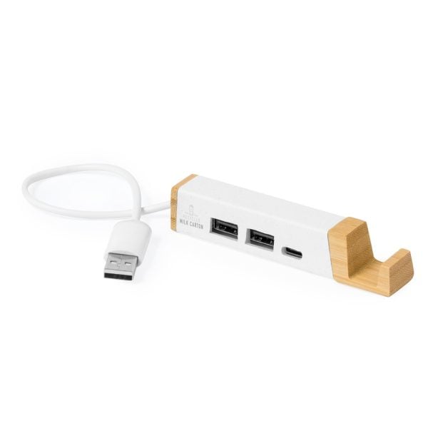 Hub USB i USB-C ze zrecyklingowanych kartoników po mleku, stojak na telefon P054977X