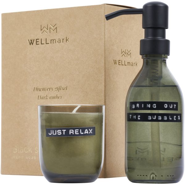 Wellmark Discovery dozownik mydła do rąk o pojemności 200 ml i zestaw świec zapachowych 150 g - o zapachu ciemnego bursztynu P076840C