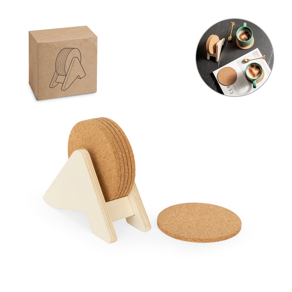 PLYCORK. Stojak ze sklejki z 6 korkowymi podstawkami P097580S ST-94368-160