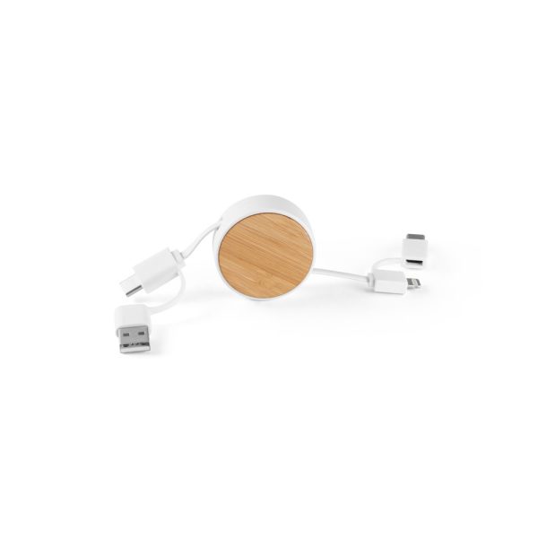 RUBINS. Zwijany kabel USB 6 w 1 z ABS pochodzącego z recyklingu (100% rABS) i bambusa P041226S biały