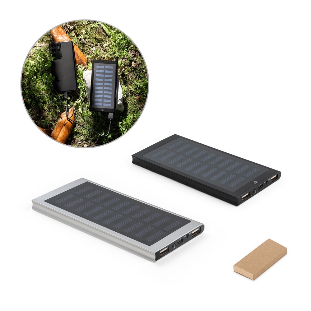CLERK. Power bank 8 000 mAh z panelem słonecznym z aluminium pochodzącego w 100% z recyklingu P054220S ST-97137-W