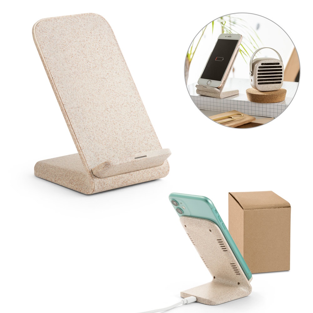 ENGLERT. Uchwyt na smartfon z szybką ładowarką bezprzewodową 10 W wykonany w ABS pochodzącego z recyklingu (100% rABS) i włókna ze słomy pszenicy P037897S ST-97932-160