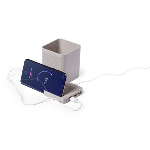 Ładowarka bezprzewodowa 5W ze słomy pszenicznej, hub USB 2.0, pojemnik na przybory do pisania, stojak na telefon P009843X