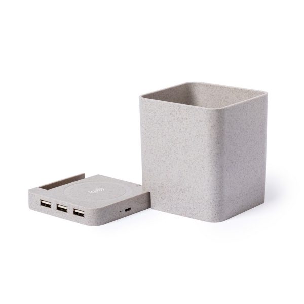 Ładowarka bezprzewodowa 5W ze słomy pszenicznej, hub USB 2.0, pojemnik na przybory do pisania, stojak na telefon P009843X