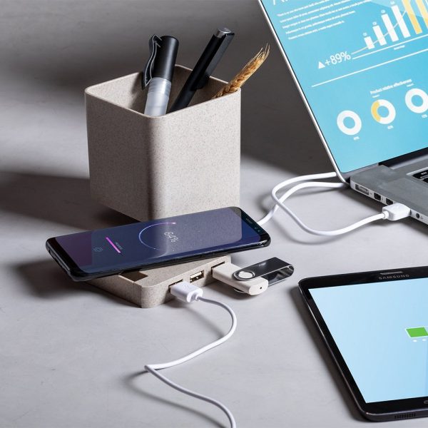Ładowarka bezprzewodowa 5W ze słomy pszenicznej, hub USB 2.0, pojemnik na przybory do pisania, stojak na telefon P009843X