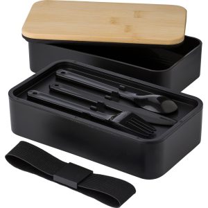 Pudełka śniadaniowe 2 w 1, 2x400 ml, bambusowe wieczko, sztućce P052091X AX-V1215-W