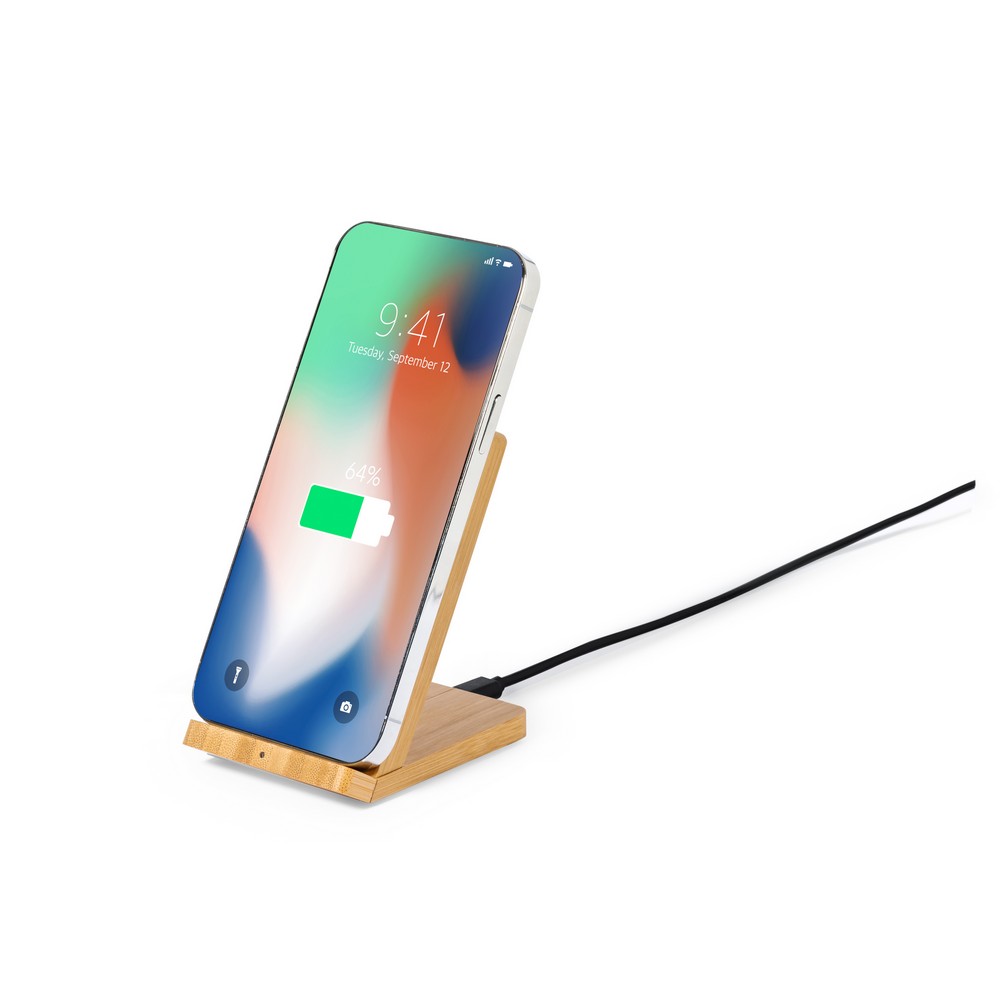 Bambusowa ładowarka bezprzewodowa 15W, stojak na telefon P051830X AX-V1337-00