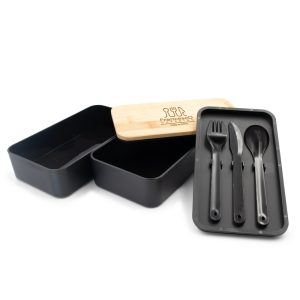 Pudełka śniadaniowe 2 w 1, 2x500 ml, bambusowe wieczko, sztućce | Tijani P083953X AX-VA101-03