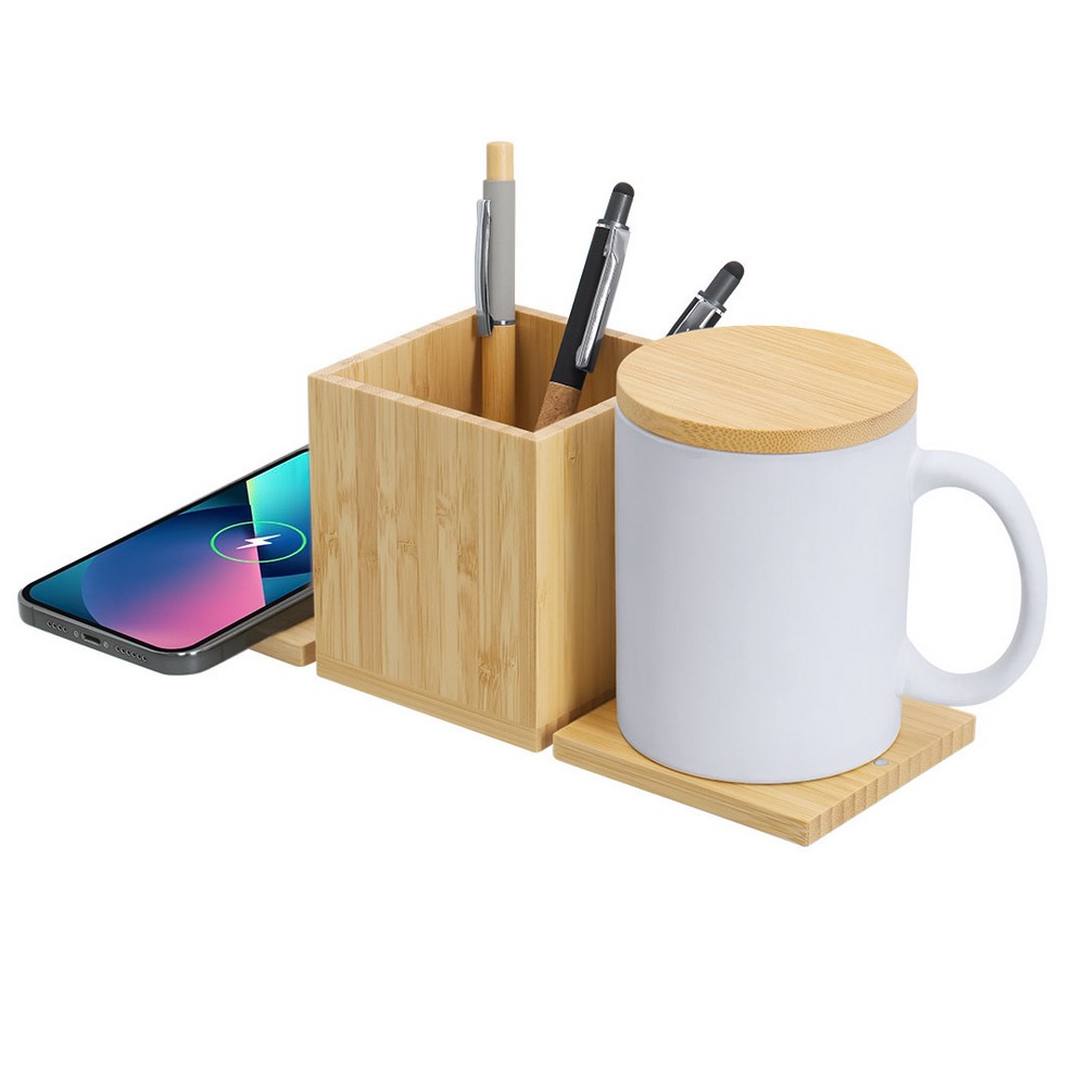 Bambusowa ładowarka bezprzewodowa 15W, pojemnik na przybory do pisania, podgrzewacz do kubka P106044X AX-VA608-17