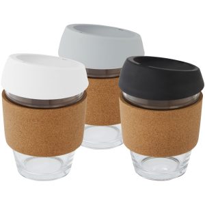 Lidan Szklany kubek o pojemności 360 ml z korkowym uchwytem i silikonową pokrywką P074134C PFC-100665-W