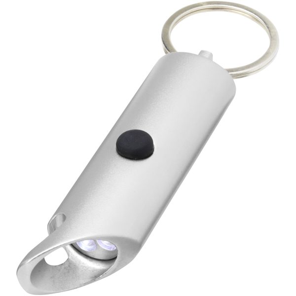Flare latarka LED i otwieracz do butelek z łańcuchem do kluczy wykonany z aluminium IPX z recyklingu P076855C srebrny