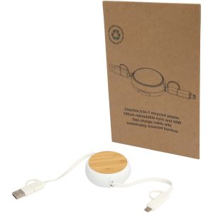 Chechia zwijany kabel do synchronizacji danych i szybkiego ładowania 5 w 1 45 W o długości 100 cm z tworzyw sztucznych pochodzących z recyklingu z detalami z bambusa P098826C PFC-124419-W