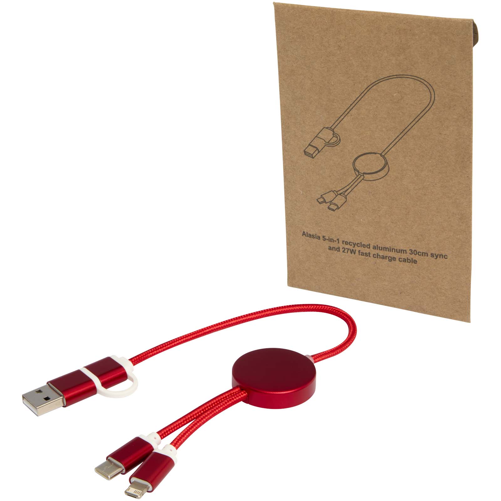 Alasia kabel do synchronizacji danych i szybkiego ładowania 5 w 1 27 W o długości 30 cm z tworzyw sztucznych i aluminium pochodzących z recyklingu P098836C PFC-124424-W