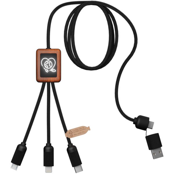 SCX.design C38 kabel do ładowania z podświetlanym logo 5-w-1 rPET i z kwadratową drewnianą obudową 40W P075800C czarny / drewno