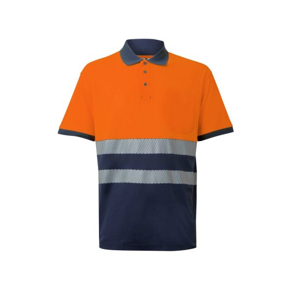 VL ACHELOUS. Dwukolorowa koszulka polo piqué (150 g/m²) z krótkim rękawem, z bawełny (55%) i poliestru (45%) P096302S granatowy / pomarańczowy