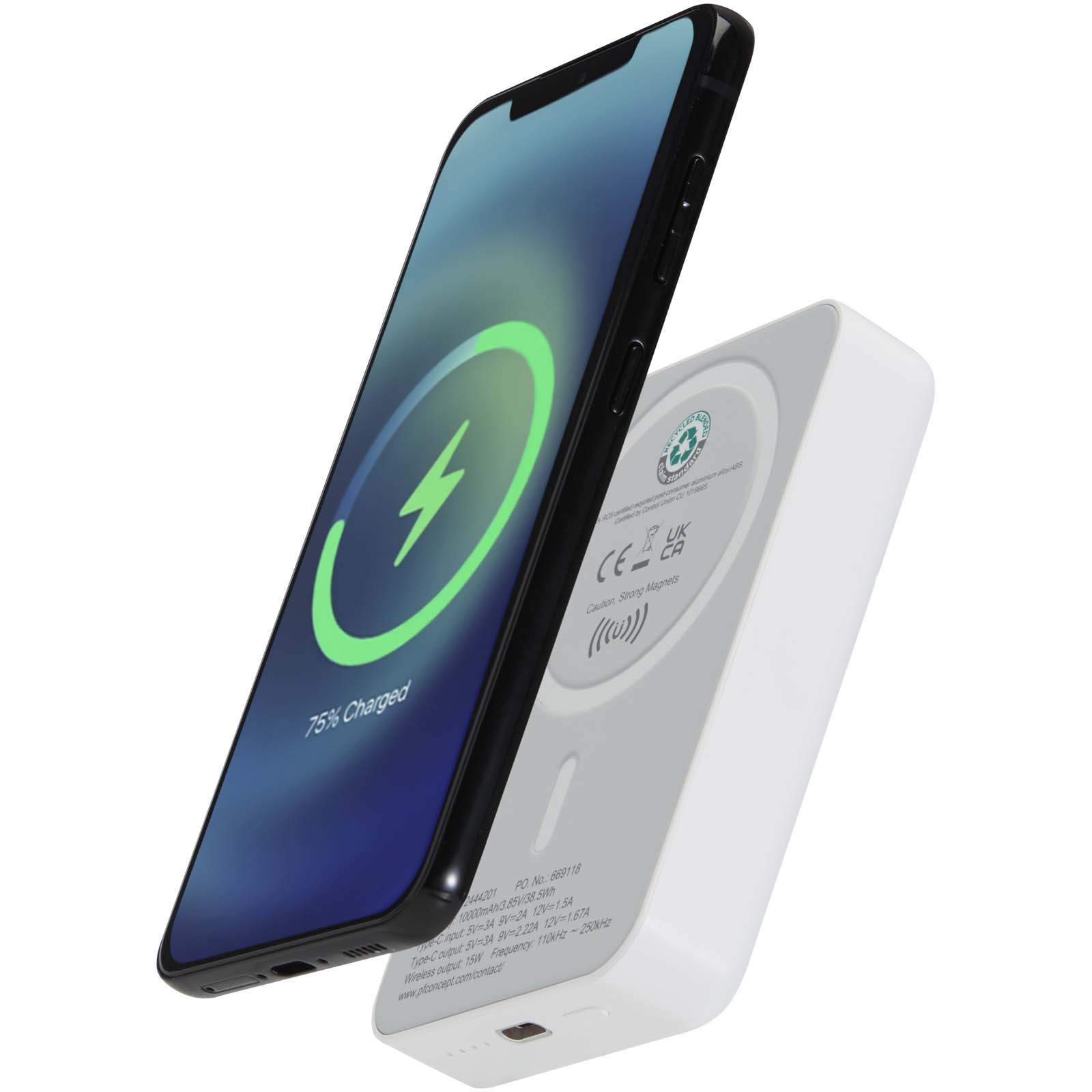 Acrab magnetyczny bezprzewodowy powerbank o pojemności 10 000 mAh i mocy 15 W z technologią 20 W PD — wykonany z tworzyw sztucznych pochodzących z recyklingu P123330C PFC-124442-W