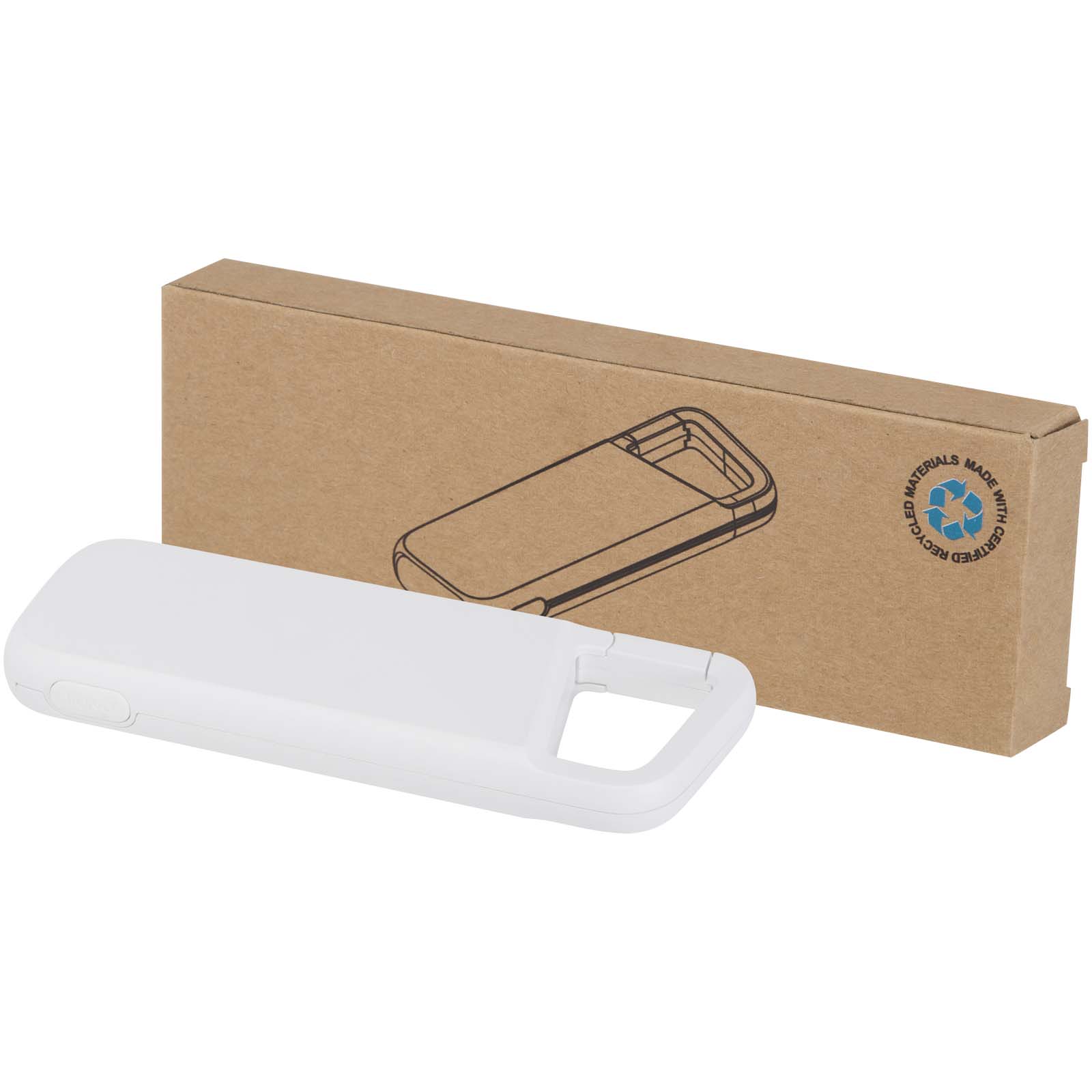 Alkes wodoodporny powerbank z karabińczykiem o pojemności 5000 mAh i mocy 12 W, wykonany z tworzyw sztucznych pochodzących z recyklingu P123345C PFC-124470-W